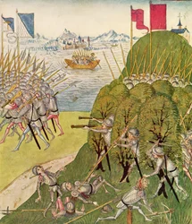 Soldaten bewaffnet mit Gewehren, Lanzen und Armbrüsten, aus der Berner Chronik, von Diebold Schilling dem Älteren (ca. 1445-85) 1483